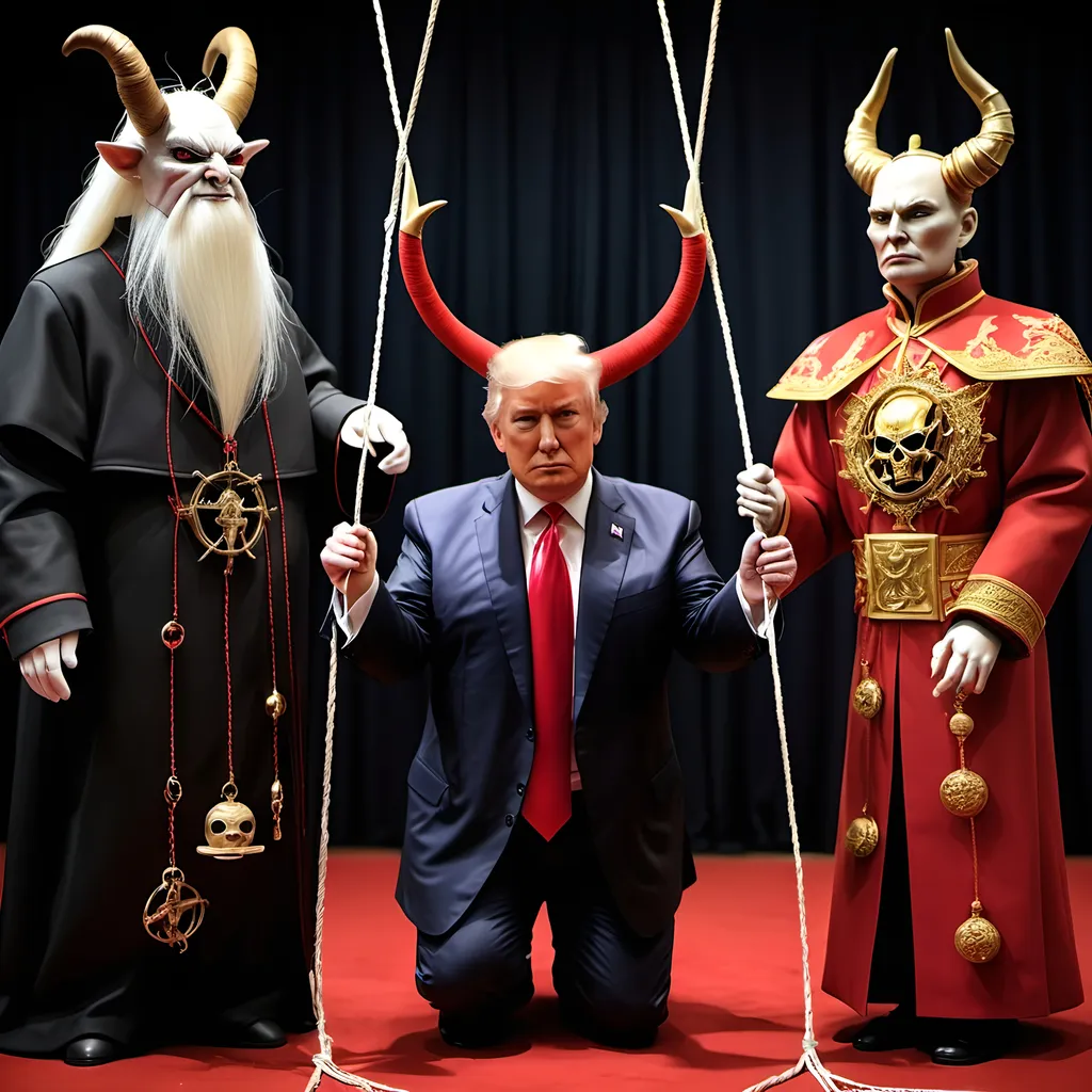 Prompt: Dark,  gothic, demonic, satanic, luciferian; a 'horned Donald Trump puppet on strings' being controlled by a 'horned satan puppet on strings' being controlled by a 'horned pope puppet on strings', being controlled by a 'horned Vladimir Putin puppet on strings', being controlled by Xi of China, who holds ALL THE STRINGS.