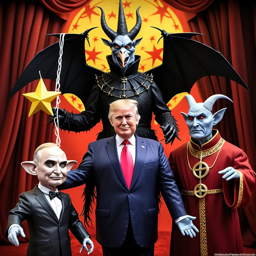 Prompt: Dark,  gothic, demonic, satanic, luciferian; a 'horned Donald Trump puppet on strings' being controlled by a 'horned satan puppet on strings' being controlled by a 'horned pope puppet on strings', being controlled by a 'horned Vladimir Putin puppet on strings', being controlled by Xi of China, who holds ALL THE STRINGS.
Flying Monkeys from Wizard of Oz