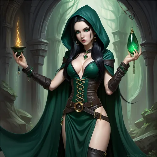 Prompt: [ Jade the Elf Sorceress ]
Woman, petite, slight, pale skin, elven ears, vivid green eyes, long straight waist-length black hair, 5 feet tall, slender, dark teal hooded robe, dark green dress, black leather corset, brown belt, sorceress, gold earrings and jewelry, tan pouches and bundles at waist, gothic, fantasy, high definition, ultra detail, ultra realism, gnarled ancient forest in background, obscured by mists