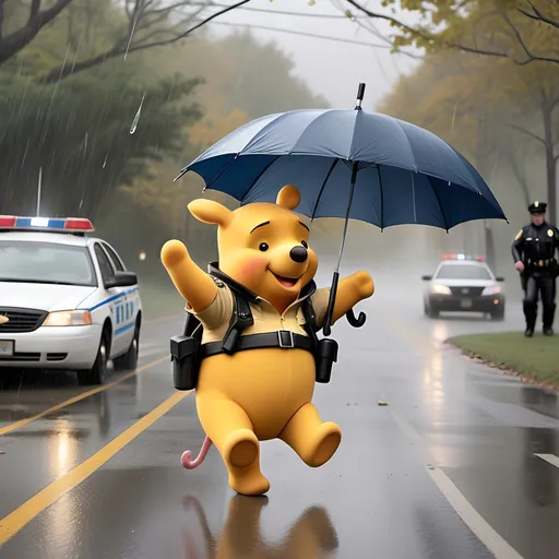 Prompt: Broken umbrella, police car flying away in high winds, 
PIGLET from WINNEY THE POOH dressed as a riot cop, with body armor, a riot shield, a BROKEN umbrella, yellow rain coat flapping in the gusty winds, trees down, telephone poles down; all being swept away by blustery winds