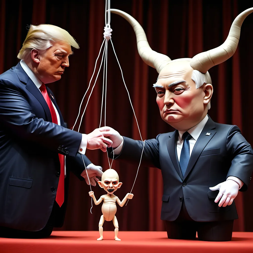 Prompt: Dark,  gothic, demonic; a 'horned Donald Trump puppet on strings' being controlled by a 'horned satan puppet on strings' being controlled by a 'horned pope puppet on strings', being controlled by a 'horned Vladimir Putin puppet on strings', being controlled by Xi of China, who holds ALL THE STRINGS.