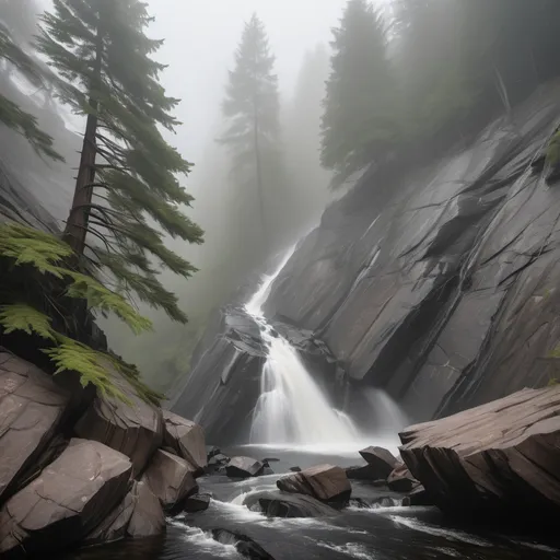 Prompt: Top of a misty torrential waterfall looking down  a rugged, rocky cliff into a turbulent pool of rocks, mist and spray. Dark, gnarly original growth hemlock trees.