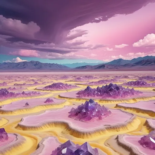 Prompt: Yellow quartz desert under a pink sky with swirling gray, green and blue clouds in it.
Distant mountains made entirely of amethyst crystal