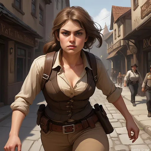 Prompt: [Jena the waif, or rogue]
Running from fat town constable,
Female HUMAN, thief, pickpocket, rogue, wee petite, delicate features, ruddy tan complexion, high brow, prominent widows peak, sandy brown shoulder length hair, hazel eyes, prominent but effeminate chin, drab ragged layers of clothing, very inconspicuous, disarming presence, hidden daggers in clothing, minimal jewelry, arm bangles, ornamental stone necklace charm, young, tomboyish, rugged, cute, ornery, fey demeanor, lucky and confident, dark, gothic, fantasy, ultra detail, ultra realism