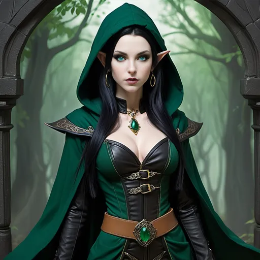 Prompt: [ Jade the Elf Sorceress ]
Woman, petite, slight, pale skin, elven ears, vivid green eyes, long straight waist-length black hair, 5 feet tall, slender, dark teal hooded robe, dark green dress, black leather corset, brown belt, sorceress, gold earrings and jewelry, tan pouches and bundles at waist, gothic, fantasy, high definition, ultra detail, ultra realism, gnarled ancient forest in background, obscured by mists