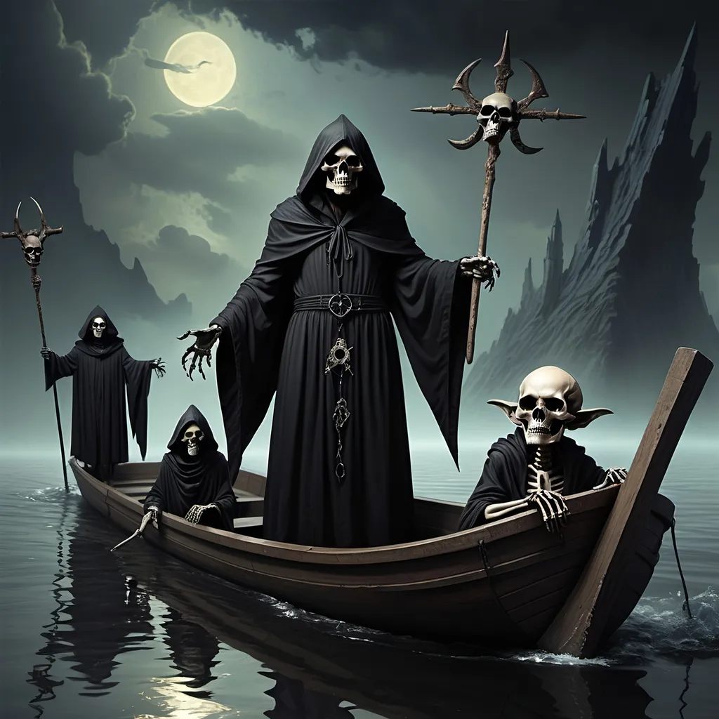 Prompt: (Dark, gothic, infernal, River Styx, Hades;) (Charon, skeletal boat master in a black robe with hood, of the river Styx); escorts a (goblin dressed in ragged dirty clothing who resembles Richard Nixon), to meet with his master on the lower planes,