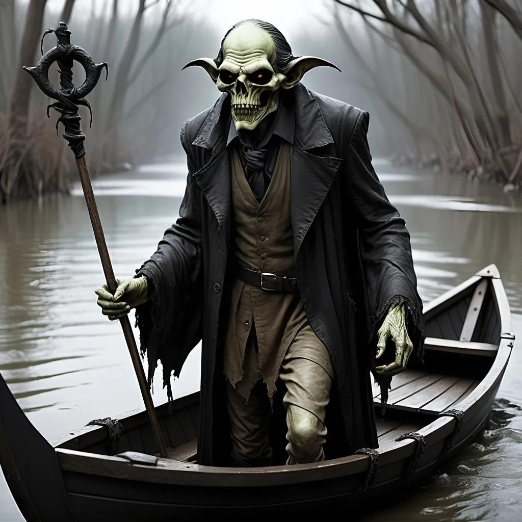 Prompt: (Dark, gothic, infernal, River Styx, Hades;) Charon the boat person of the river Styx; escorts a goblin dressed in ragged dirty clothing who resembles Richard Nixon, toeet with his master on the lower planes,