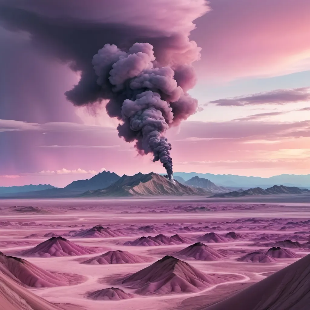 Prompt: Distant black smoke rising,
Yellow quartz desert, pink sky, swirling gray, green and blue clouds.
Distant mountains made entirely of amethyst crystal