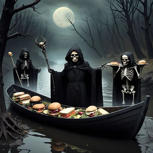 Prompt: (Dark, gothic, infernal, River Styx, Hades;) (Charon, skeletal boat master in a black robe with hood, of the river Styx); escorts a (goblin dressed in ragged dirty clothing who resembles Richard Nixon), to meet with his master on the lower planes, Charon is eating an awesome sandwich that his wife made for him for lunch, and offers a sandwich to the goblin in ratty ragged clothing who resembles Richard Nixon.
Scary, high resolution, ultra detailed, menacing, foreboding, ominous,