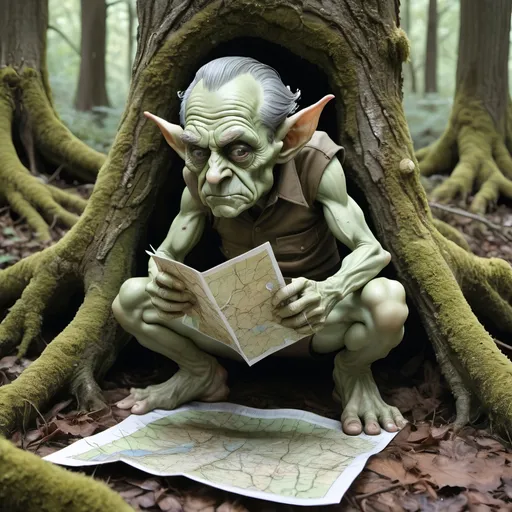 Prompt: A goblin who resembles Richard Nixon on his knees begging for his life, with a wounded eye and holding up a map made of hide with brown ink on it, kneeling in original growth forest surrounded by huge twisted and gnarly trees with twisted gnarly lichen covered roots