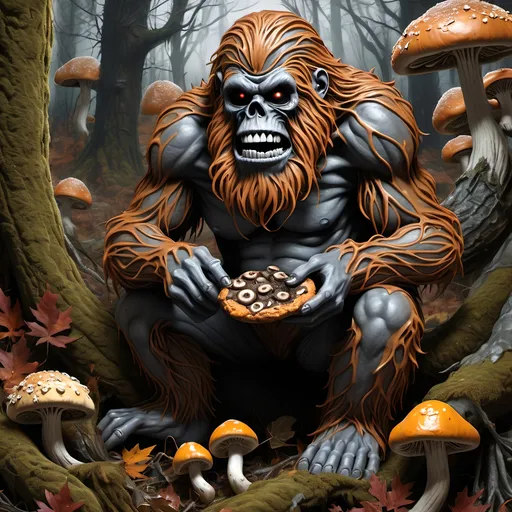 Prompt: Dark, gothic scary, foreboding, menacing, ominous, bright autumn foliage, happy Sasquatch gnawing on a large bone in a twisted and gnarly original growth autumn forest, surrounded by twisted lichen covered roots and giant carnivorous mushrooms with mean faces, ultra detailed, high resolution, gritty realism, boxes of Girl Scout Cookies everywhere!