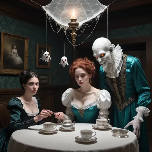 Prompt: A male ghost/demon sitting on the left side of a n antique table, holding his heart in his hand which shines brightly and illuminates the room, wearing a white baggy Elizabethan era blouse, and sitting next to him is a woman ghost/demon with obsidian horns coming out of her forehead and wearing an antique dress with a white frilled collar and pearl necklaces down the front of her ruffled teal satin dress.
There is a tea kettle shaped like a silver elephant between them resting on a lace doilies, flanked by two silver tea cups on saucers, also resting on doilies, beneath the table are cobwebs and spider webs, with various pairs of glowing eyes peering at the viewer from behind the spider webs. Behind the man and woman and in between them is a transparent ghost of a woman and above them dangling from the ceiling are two bare feet, with the right foot partially covered by a sock 