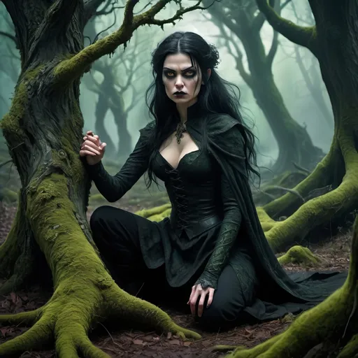 Prompt: (fantasy scene) tall black-haired heroic gothic female figure in dark, flowing attire, fierce expression, menacing yet captivating, short cowardly goblin on knees, fear in his eyes, sword poised at throat, huge twisted, gnarly trees with vivid lichen wrapping around them, shadowy and atmospheric ambiance, deep greens and blacks, enchanted yet grim setting, (ultra-detailed) (HD)