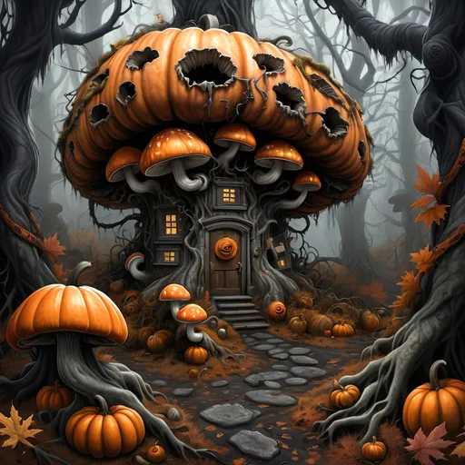 Prompt: Dark, gothic scary, foreboding, menacing, ominous, bright autumn foliage, in a twisted and gnarly original growth autumn forest, surrounded by twisted lichen covered roots and giant carnivorous mushrooms and large scary pumpkins with mean faces, ultra detailed, high resolution, gritty realism, boxes of Girl Scout Cookies everywhere.