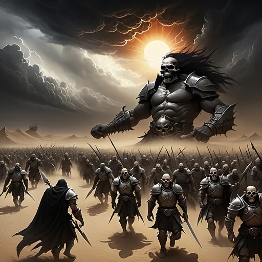 Prompt: The sky darkens with ominous black storm clouds that blot out the sun,
A battle rages with thousands of men and orcs in armor fighting to the death surrounded by countless fallen bodies of the slain,
A ghostly TRANSPARENT WISPY apparition of a male warrior rising and coming together above
a skull half buried in dust and sand on a desert battlefield under a hot blazing sun, gothic, fantasy,  ultra realism, ultra detailed,