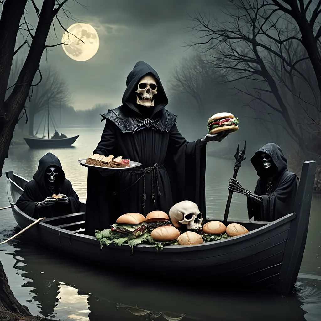 Prompt: (Dark, gothic, infernal, River Styx, Hades;) (Charon, skeletal boat master in a black robe with hood, of the river Styx); escorts a (goblin dressed in ragged dirty clothing who resembles Richard Nixon), to meet with his master on the lower planes, Charon is eating an awesome sandwich that his wife made for him for lunch, and offers a sandwich to the goblin in ratty ragged clothing who resembles Richard Nixon.
Scary, high resolution, ultra detailed, menacing, foreboding, ominous,