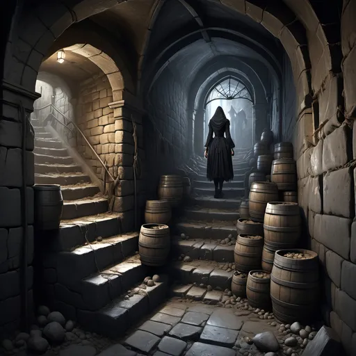 Prompt: Gothic, fantasy, dark, dark shadows, blackness, huge spider webs, ominous, menacing, abandoned, dirty narrow ancient stone stairwell covered in dust and cobwebs leading to a stone subcellar/dungeon filled with casks and kegs and debris, and one woman's shoe,
Ultra detail, ultra realism, high definition