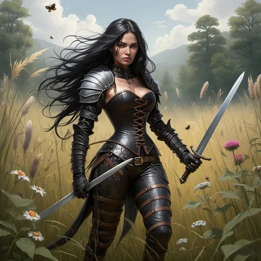 Prompt: In a meadow of tall grasses and wildflowers,
'Kitanjia the Ranger' [woman, tall, fair complected, dresses in black leather armor and corset, long black hair, longsword] in a fight to the death with an 'insect beast' [large, mutant, insect larva, dark brown gray in color, four back legs to stand on and two long front legs with sharp talons to fight with, red eyes on opposite sides of cicada-like head, and long proboscis, bigger than a Volkswagen beetle!]
Fantasy, gothic, ultra realism, ultra detail, in a meadow of tall grasses standing over a dead Bay Mare with an archaic saddle on her back