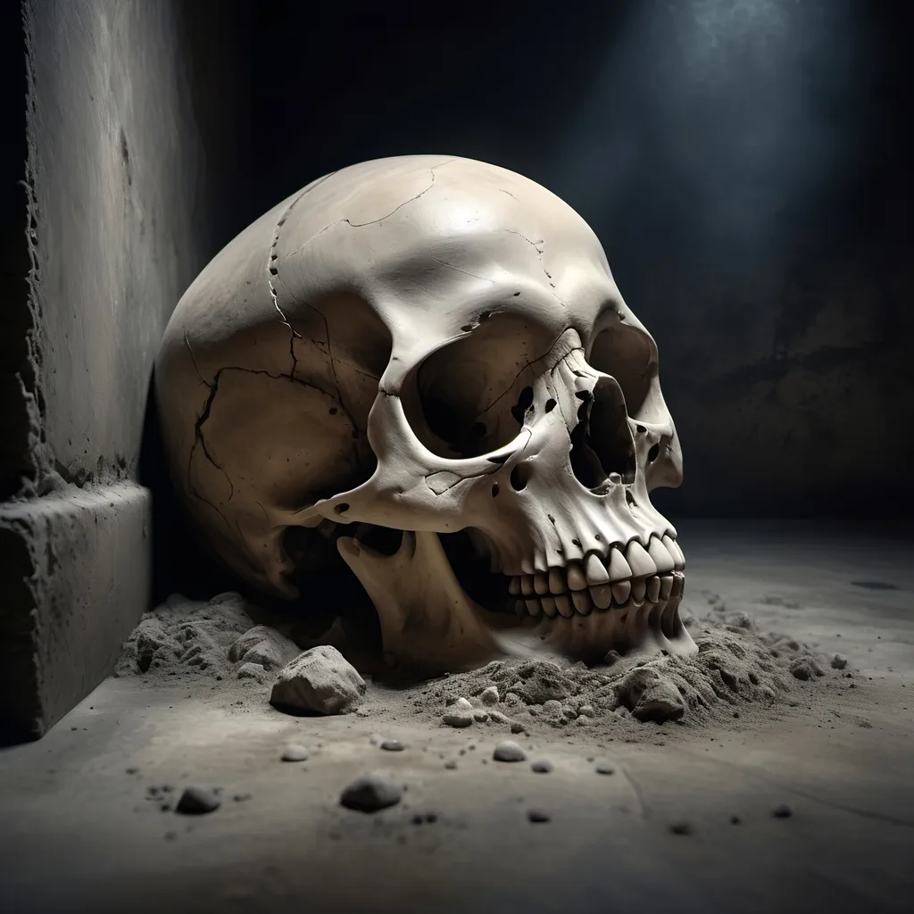 Prompt: A skull half buried in dust on the stone floor of a very dark room, gothic, fantasy,  ultra realism, ultra detailed,