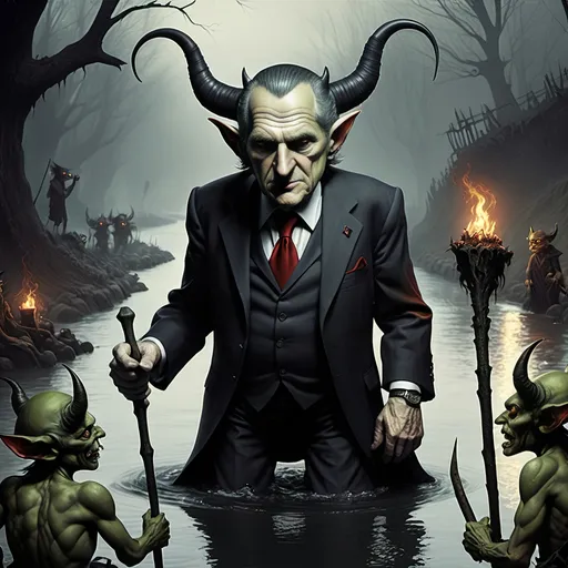 Prompt: River Styx, dark, infernal, gothic, ominous; minor Devil with horns and hooves who resembles Bill Clinton; has a chat with a goblins in ragged, ratty clothing who resembles Richard Nixon.