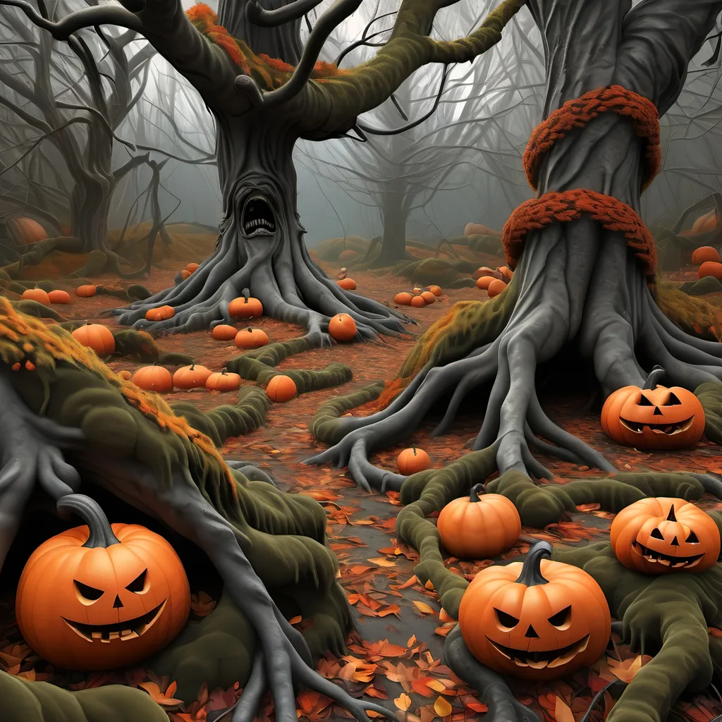 Prompt: Dark, gothic scary, foreboding, menacing, ominous, bright autumn foliage, carpet of brightly colored fallen foliage on the ground, in a twisted and gnarly original growth autumn forest, surrounded by twisted lichen covered roots and Spanish moss hanging from twisted tree limbs and mushrooms and large scary pumpkins with mean faces, ultra detailed, high resolution, gritty realism, boxes of Girl Scout Cookies everywhere.