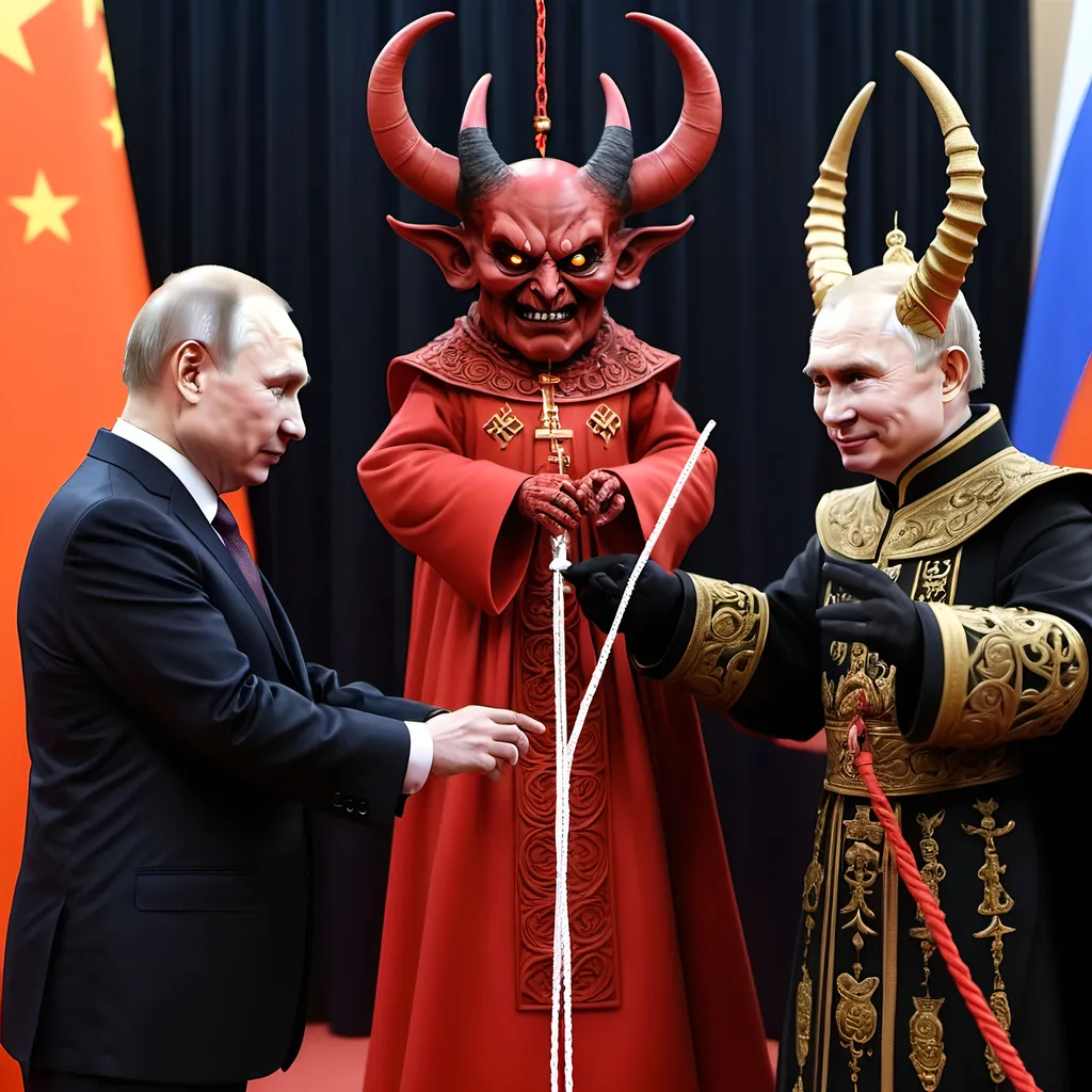 Prompt: Dark,  gothic, demonic; a 'horned satan puppet on strings' being controlled by a 'horned pope puppet on strings', being controlled by a 'horned Vladimir Putin puppet on strings', being controlled by Xi of China, who holds ALL THE STRINGS.