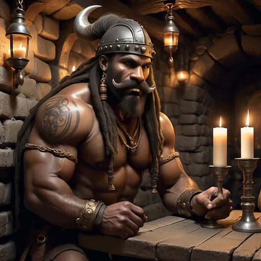 Prompt: [ Grugor the Barbarian ]
In medieval Taverne, lit by candles in wall sconces, stone walls,
Male Barbarian, dark complected African, large moustache, long beard, slight build but well muscled and wiry, agile, horned steel helmet with noseguard, dreadlocks with gold clasps, covered with tribal tattoos, gold earrings, stretched lobes, tall, black leather greaves and spiked gauntlets, brown leather boots with fur fringe at top, gothic, fantasy, longsword and daggers, ultra realism, ultra detail, high definition, friendly but determined expression, intimidating but not menacing, tall and skinny, in Tudor style taverne background,