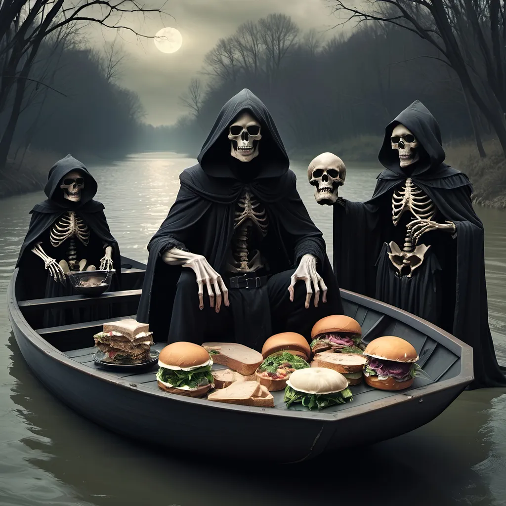 Prompt: (Dark, gothic, infernal, River Styx, Hades;) (Charon, skeletal boat master in a black robe with hood, of the river Styx); escorts a (goblin dressed in ragged dirty clothing who resembles Richard Nixon), to meet with his master on the lower planes, Charon is eating an awesome sandwich that his wife made for him for lunch, and offers a sandwich to the goblin in ratty ragged clothing who resembles Richard Nixon.
Scary, high resolution, ultra detailed, menacing, foreboding, ominous,