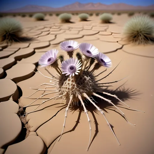 Prompt: Barren desert crawling with countless large hundred limbed insects which resemble spherical anemones, that are rolling and tumbling across the flat parched desert in search of prey, like sentient tumbleweeds, with very small circular bodies with a central toothed orifice surrounded by hundreds of long legs which all terminate it sharp points, like an ambulate sentient thistle, that uses it's thousands of long pointy legs to puncture, gorging on the blood and fluids of its prey.
Hundred eyes and thousands of legs.
Dark skies; on a high plateau, with no mountains in the background.