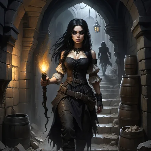 Prompt: A female human with long straight black hair and brown eyes and dressed in black and carrying a lit torch, a male halfling is standing behind her
Gothic, fantasy, dark, menacing, abandoned, dirty narrow ancient stone stairwell covered in dust and cobwebs leading to a stone subcellar/dungeon filled with casks and kegs and debris, and one woman's shoe,
Ultra detail, ultra realism, high definition