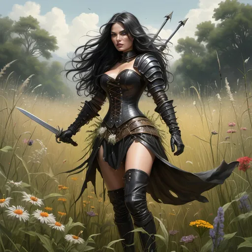 Prompt: In a meadow of tall grasses and wildflowers,
'Kitanjia the Ranger' [woman, tall, fair complected, dresses in black leather armor and corset, long black hair, longsword] in a fight to the death with an 'insect beast' [large, mutant, insect larva, dark brown gray in color, four back legs to stand on and two long front legs with sharp talons to fight with, red eyes on opposite sides of cicada-like head, and long proboscis, bigger than a Volkswagen beetle!]
Fantasy, gothic, ultra realism, ultra detail, in a meadow of tall grasses standing over a dead Bay Mare with an archaic saddle on her back