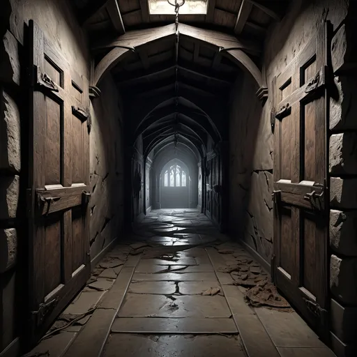 Prompt: Dead end hallway, with two ancient rough hewn timber wooden doors with rusty iron hinges on either side of the room, one to the right and one to the left,
Gothic, fantasy, dark, dark shadows, blackness, huge spider webs, ominous, menacing, abandoned, dirty narrow ancient stone corridors vaults and chambers covered in dust and cobwebs leading to a stone subcellar/dungeon filled with casks and kegs and debris, and one woman's shoe,
Ultra detail, ultra realism, high definition, shadowy, pitch black, dingy dark passageways and glowing pairs of eyes in the shadows, rats with red glowing eyes,