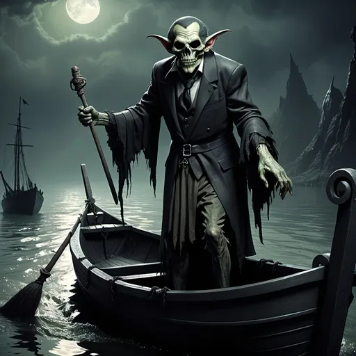 Prompt: (Dark, gothic, infernal, River Styx, Hades;) Charon the boat person of the river Styx; escorts a goblin dressed in ragged dirty clothing who resembles Richard Nixon, toeet with his master on the lower planes,