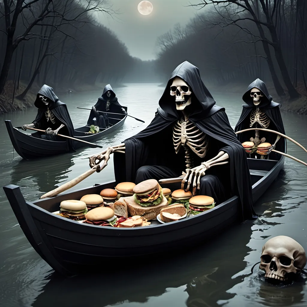 Prompt: (Dark, gothic, infernal, River Styx, Hades;) (Charon, skeletal boat master in a black robe with hood, of the river Styx); escorts a (goblin dressed in ragged dirty clothing who resembles Richard Nixon), to meet with his master on the lower planes, Charon is eating an awesome sandwich that his wife made for him for lunch.