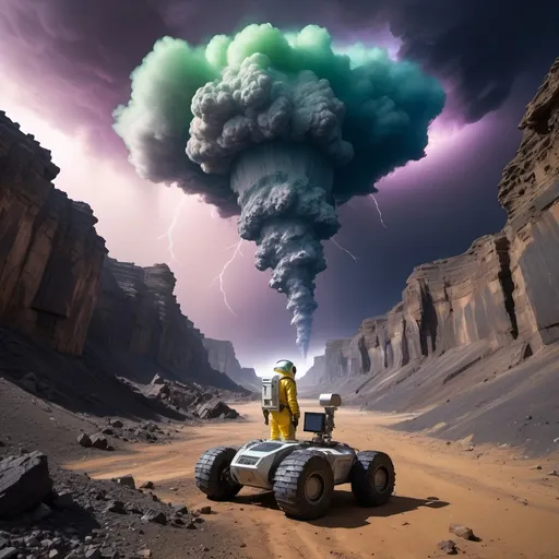 Prompt: 
Abandoned centuries old massive mining complex hidden in a canyon,
Geodesic survival shelter with several antenna,
Vivid aurora, Meteor shower,
Humanoid robot in 8 wheeled solar powered ATV rover,
Astronaut in survival suit carrying backpack and bags, walking away from Crater,
Lightning, tornadoes, massive storm
Crater, crashed space frigate, burning debris, black smoke rising,
Yellow quartz desert, dark sky, swirling gray, green and blue clouds.
Distant mountains made entirely of amethyst crystal