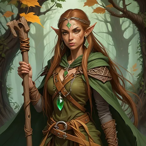 Prompt: Woman, female half elf, sorceress, ruddy medium complexion, light brown long straight hair, bound with multiple clasps in a really long pony tail; jewelry, earrings, tattoos of sacred runes, golden brown eyes, holding gnarled staff of bleached wood with a gem set into the top, leaf green cloak and hood, brown belt and pouches, brown boots, dagger and wand secured to belt, tan leather corset, highest resolution, gothic, fantasy, ultra detail, ultra realism, dark wood of ancient gnarled trees in background