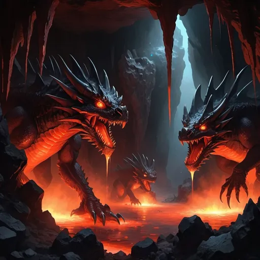 Prompt: Dark cavern, classic fantasy atmosphere, massive chamber lit by distant magma, two young Black Dragons hatchlings voraciously devour their siblings as they hatch from their clutch of seven eggs, stalagmites, columns, stalagtites, soda straws, a crystal formations erupting from the walls, floor, & ceiling, which is so high up it can barely be viewed, the dim red glow of the distant magma reflects from the various facets of the crystal formations as it passes through the steam vents billowing up from below.