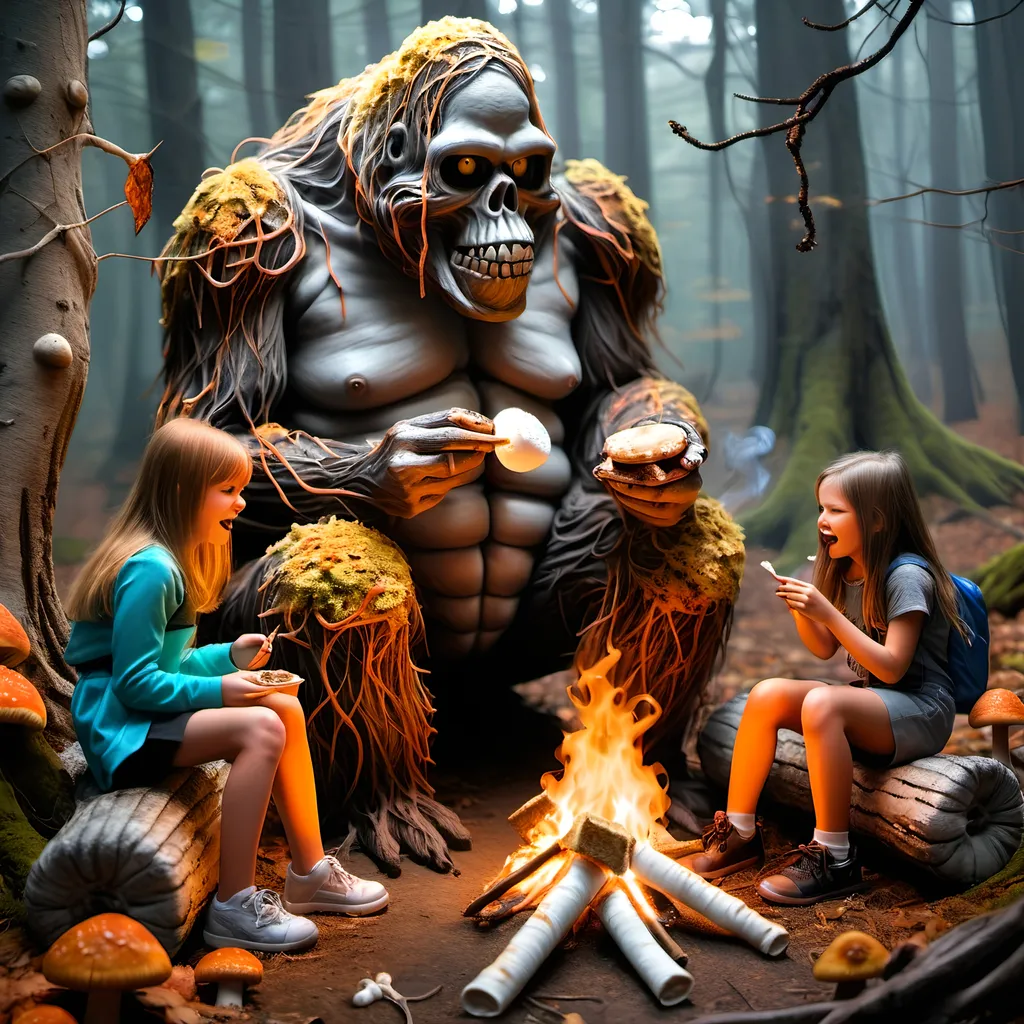 Prompt: Dark, gothic scary, foreboding, menacing, ominous, bright autumn foliage, happy Sasquatch gnawing on a large leg bone next to girl scouts seated at a campfire, toasting marshmallows and eating s'mores, in a twisted and gnarly original growth autumn forest, surrounded by twisted lichen covered roots and giant carnivorous mushrooms and large scary pumpkins with mean faces, ultra detailed, high resolution, gritty realism, boxes of Girl Scout Cookies everywhere.
A skull faced ragged wendigo with huge antlers sniffs the air hungrily in the distance.
Smokey the Bear in forest ranger uniform shows up and wrecks the party!