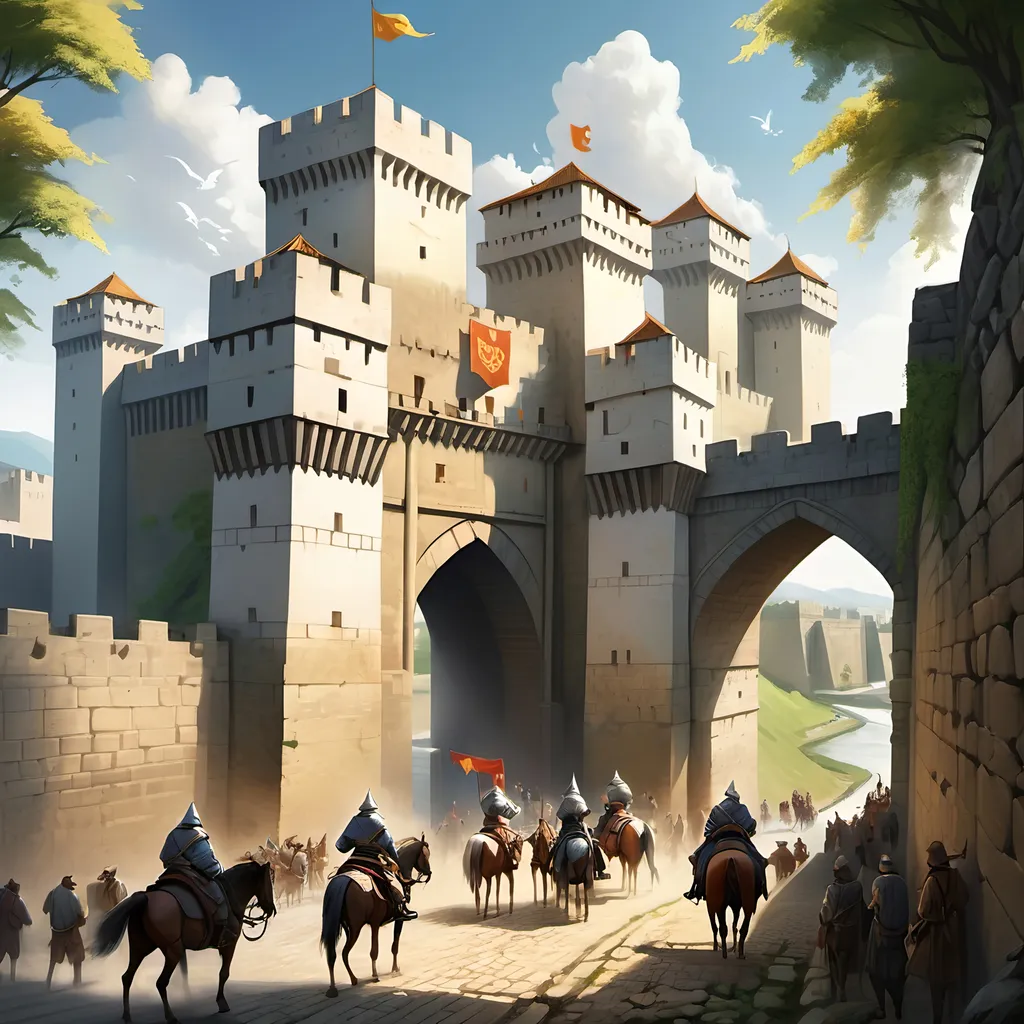 Prompt: A great walled city built of white stone next to a river, a towering fortress gate with an open door, daylight, bright sun shining, colorful banners suspended in the breeze flying from the top of the city walls, a dirt road leading up to the open gate in the city walls, with many men on horseback before it.