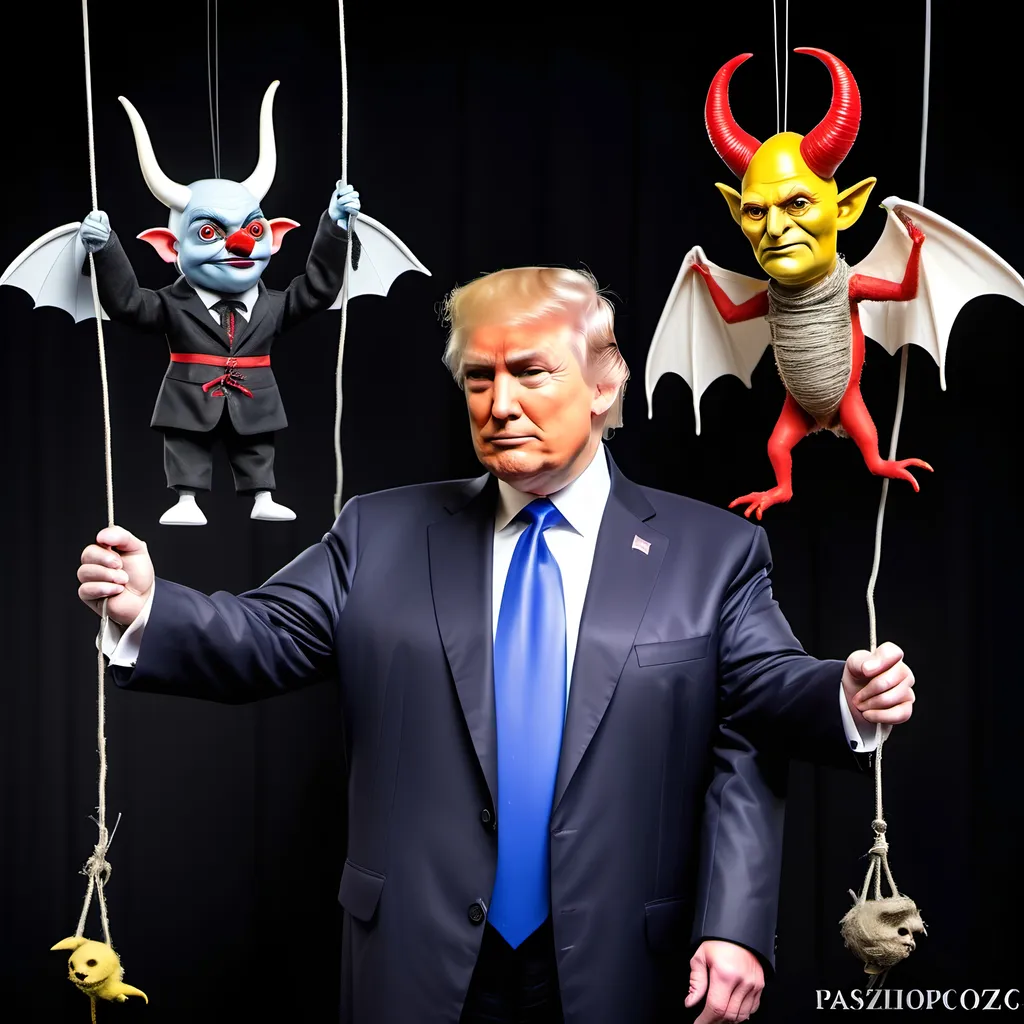 Prompt: Dark,  gothic, demonic, satanic, luciferian; a 'horned Donald Trump puppet on strings' being controlled by a 'horned satan puppet on strings' being controlled by a 'horned pope puppet on strings', being controlled by a 'horned Vladimir Putin puppet on strings', being controlled by Xi of China, who holds ALL THE STRINGS.
Flying Monkeys from Wizard of Oz
Pazzuzu
The Tidy Bowl Man