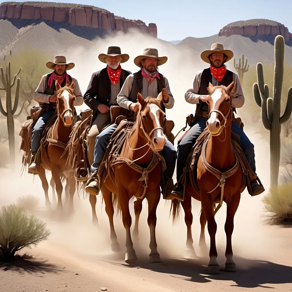 Prompt: Old West, dust, desert, cows, cacti, hitching posts, tumbleweeds, bandits in ten gallon hats and sombreros with bandanas, trenchcoats, 
Stage coach, horses,