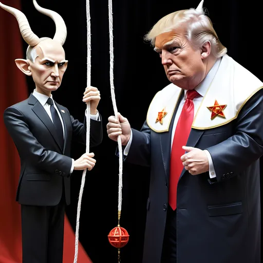 Prompt: Dark,  gothic, demonic; a 'horned Donald Trump puppet on strings' being controlled by a 'horned satan puppet on strings' being controlled by a 'horned pope puppet on strings', being controlled by a 'horned Vladimir Putin puppet on strings', being controlled by Xi of China, who holds ALL THE STRINGS.