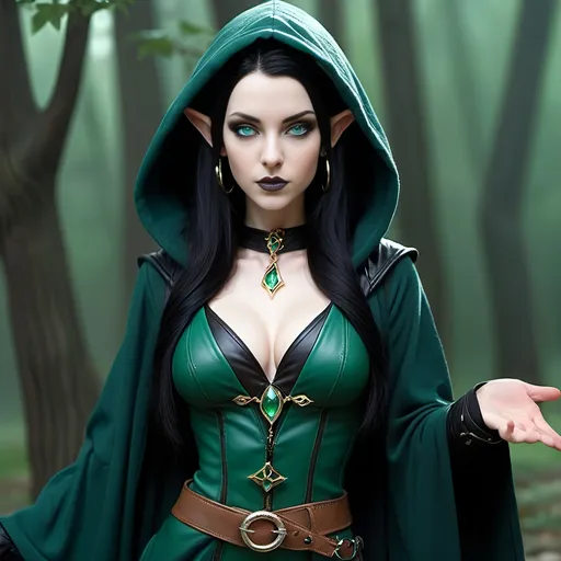 Prompt: [ Jade the Elf Sorceress ]
Woman, petite, slight, pale skin, elven ears, vivid green eyes, long straight waist-length black hair, 5 feet tall, slender, dark teal hooded robe, dark green dress, black leather corset, brown belt, sorceress, gold earrings and jewelry, tan pouches and bundles at waist, gothic, fantasy, high definition, ultra detail, ultra realism, gnarled ancient forest in background, obscured by mists