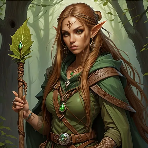 Prompt: Woman, female half elf, sorceress, ruddy medium complexion, light brown long straight hair, bound with multiple clasps in a really long pony tail; jewelry, earrings, tattoos of sacred runes, golden brown eyes, holding gnarled staff of bleached wood with a gem set into the top, leaf green cloak and hood, brown belt and pouches, brown boots, dagger and wand secured to belt, tan leather corset, highest resolution, gothic, fantasy, ultra detail, ultra realism, giving a lecture in a dark medieval Taverne.