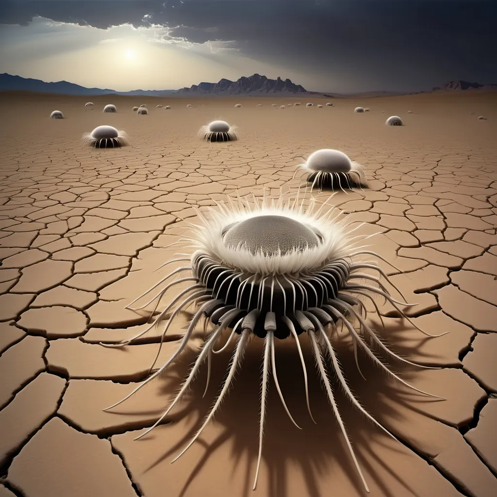 Prompt: Barren desert crawling with countless large hundred limbed insects which resemble spherical anemones, that are rolling and tumbling across the flat parched desert in search of prey, like sentient tumbleweeds, with very small circular bodies with a central toothed orifice surrounded by hundreds of long legs which all terminate it sharp points.
Dark skies.