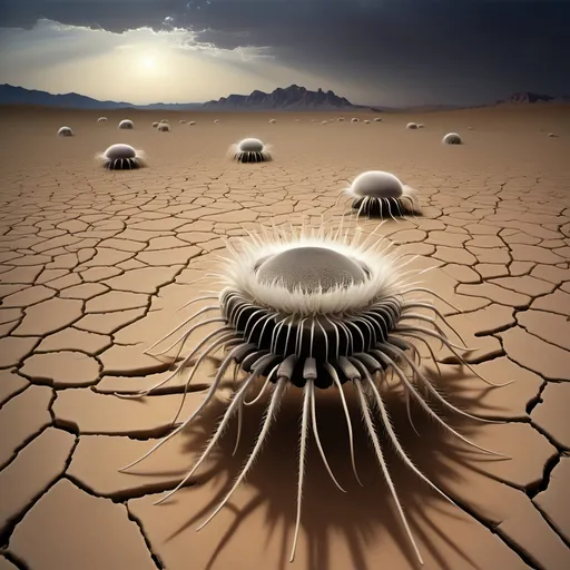 Prompt: Barren desert crawling with countless large hundred limbed insects which resemble spherical anemones, that are rolling and tumbling across the flat parched desert in search of prey, like sentient tumbleweeds, with very small circular bodies with a central toothed orifice surrounded by hundreds of long legs which all terminate it sharp points.
Dark skies.