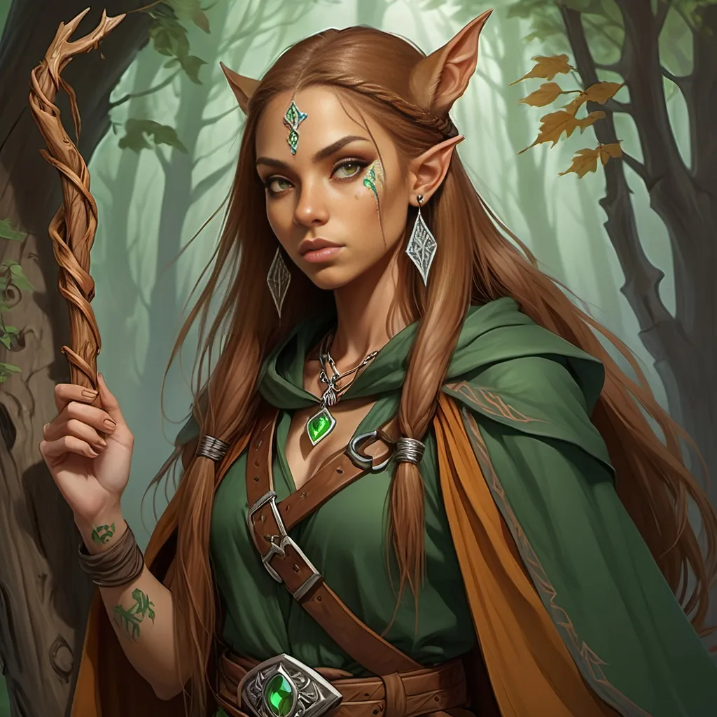 Prompt: [ Claudia ]
Woman, female half elf, sorceress, ruddy medium complexion, light brown long straight hair, bound with multiple clasps in a really long pony tail; jewelry, earrings, tattoos of sacred runes, golden brown eyes, holding gnarled staff of bleached wood with a gem set into the top, leaf green cloak and hood, brown belt and pouches, brown boots, dagger and wand secured to belt, tan leather corset, highest resolution, gothic, fantasy, ultra detail, ultra realism, giving a lecture in a dark medieval Taverne.