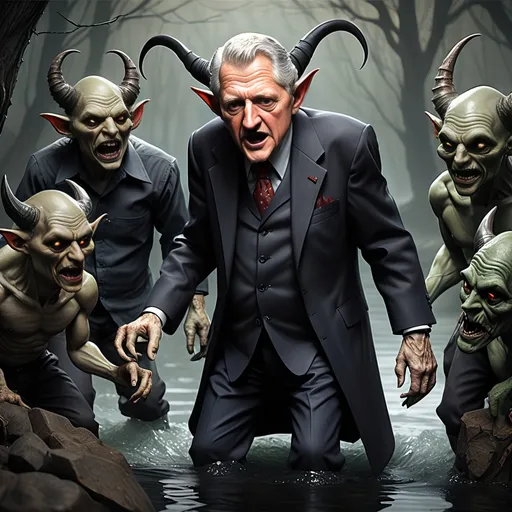 Prompt: River Styx, dark, infernal, gothic, ominous; minor Devil with horns and hooves who resembles Bill Clinton; has a chat with a goblins in ragged, ratty clothing who resembles Richard Nixon.
Ultra detail, ultra realistic.