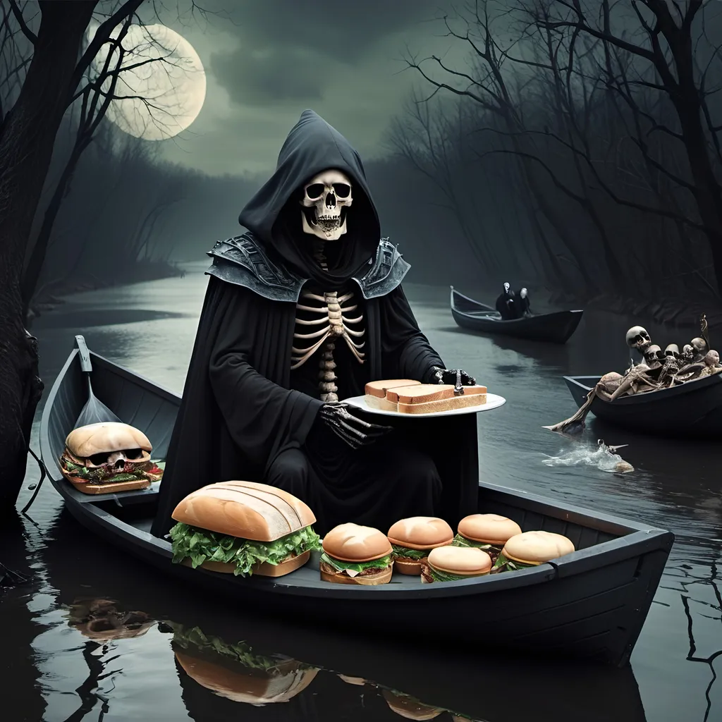 Prompt: (Dark, gothic, infernal, River Styx, Hades;) (Charon, skeletal boat master in a black robe with hood, of the river Styx); escorts a (goblin dressed in ragged dirty clothing who resembles Richard Nixon), to meet with his master on the lower planes, Charon is eating an awesome sandwich that his wife made for him for lunch, and offers a sandwich to the goblin in ratty ragged clothing who resembles Richard Nixon.
Scary, high resolution, ultra detailed, menacing, foreboding, ominous,