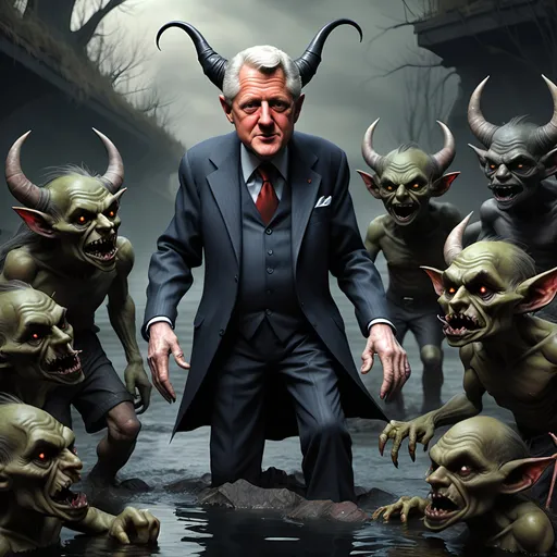 Prompt: River Styx, dark, infernal, gothic, ominous; minor Devil with horns and hooves who resembles Bill Clinton; has a chat with a goblins in ragged, ratty clothing who resembles Richard Nixon.
Ultra detail, ultra realistic.